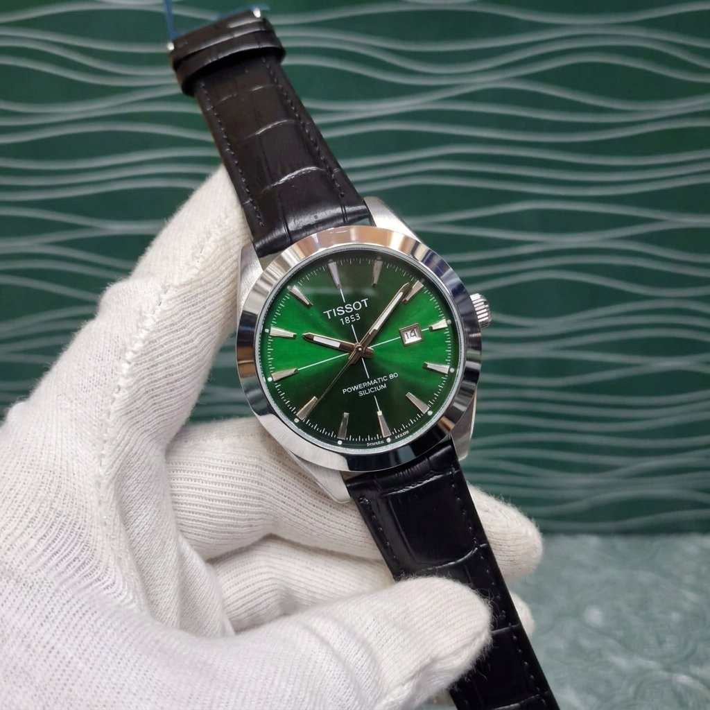 Tissot Powermatic 80 Silicium Green Dial Watch - Men's Premium Black Leather Strap Watch with Date