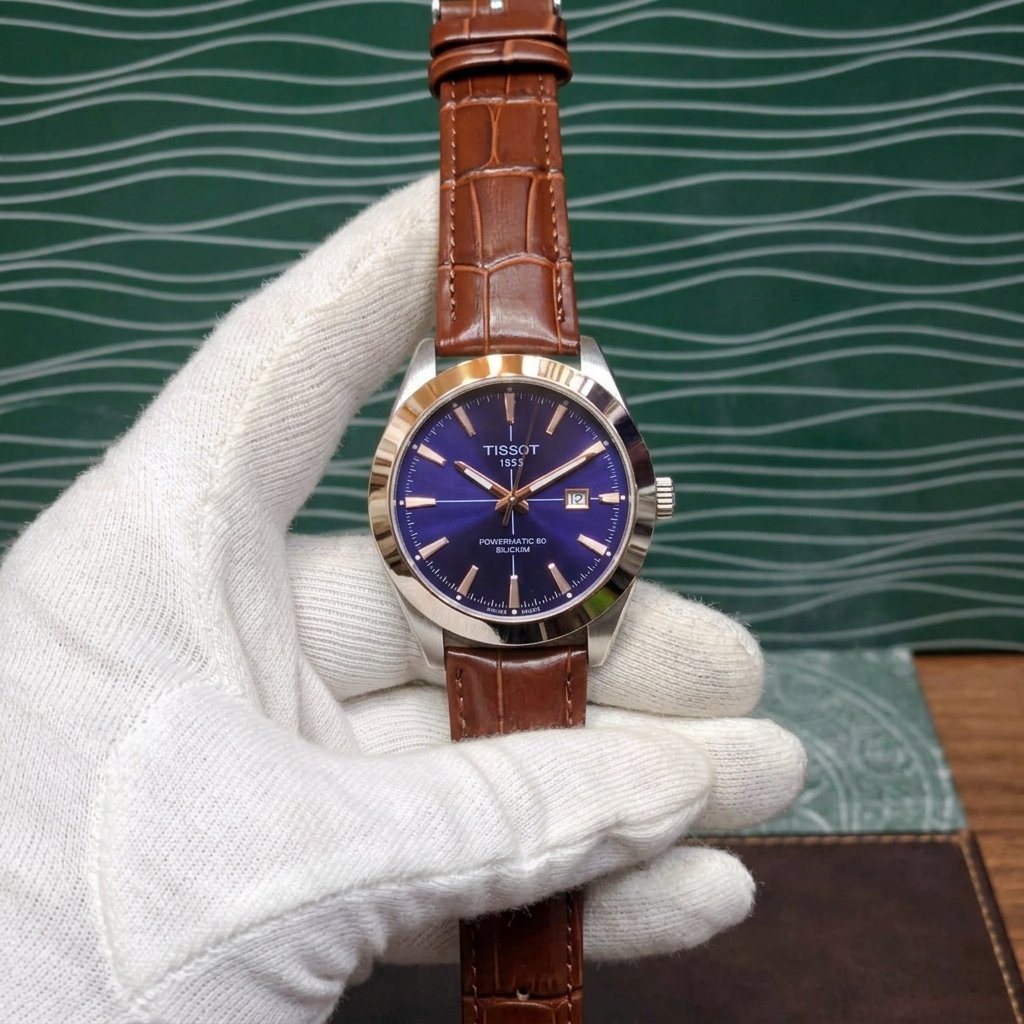 Tissot Powermatic 80 Silicium Inspired Men's Watch - Blue Dial with Rose Gold Bezel & Brown Leather Strap