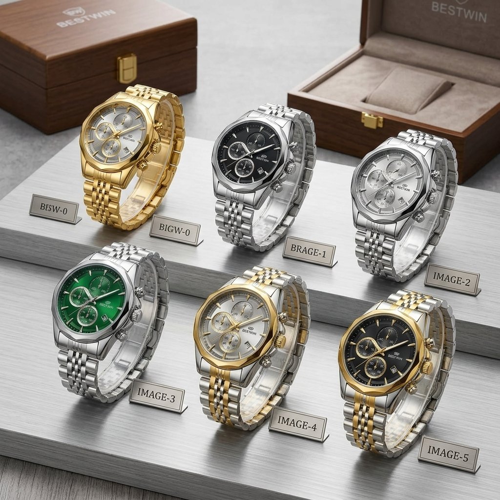 BESTWIN Luxury Chronograph Men's Watch - Stainless Steel Metal Chain with Date & Multiple Dial Options