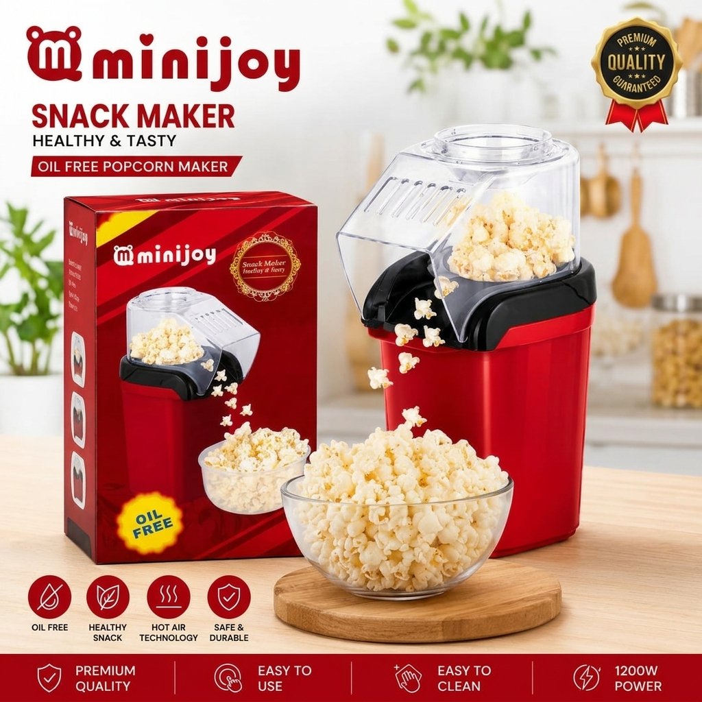 Minijoy 1200W Oil-Free Hot Air Popcorn Maker - Healthy Snack Maker for Home, Office & Movie Night