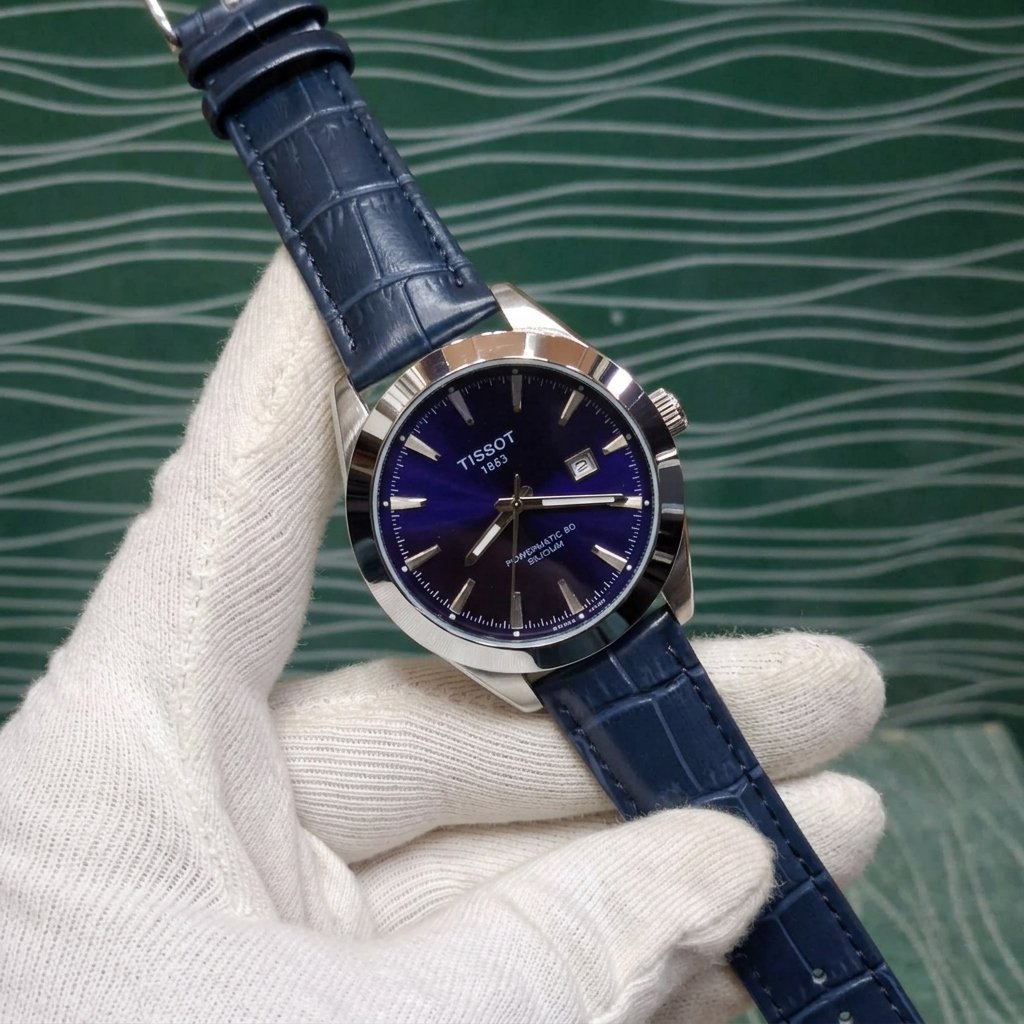 Tissot Powermatic 80 Silicium Inspired Men's Watch - Blue Dial with Silver Case & Navy Blue Leather Strap
