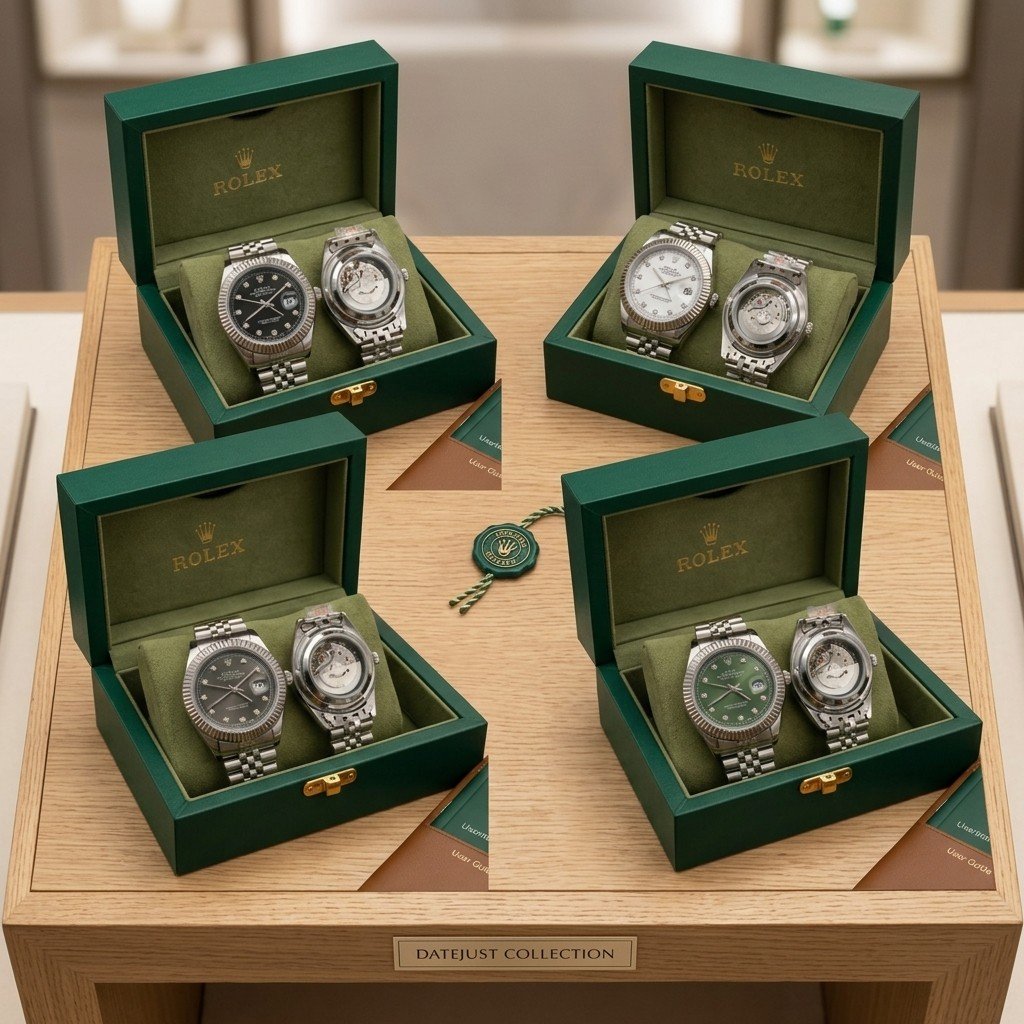 Luxury Rolex-Style Datejust Diamond Dial Men's Watch Set - 4 Colors: White, Black, Grey with Jubilee Chain & Display Box