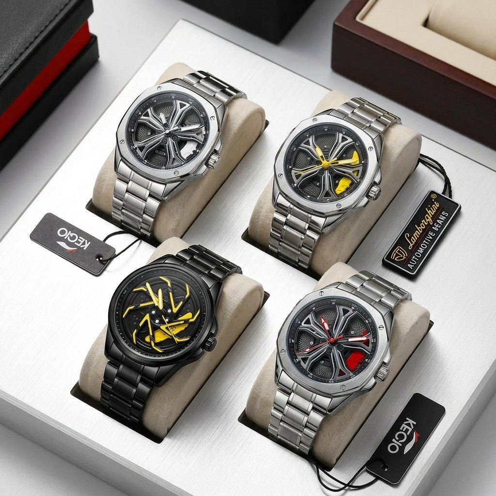 KECIO Luxury Automotive Rim Dial Men's Watch Set - 4 Colors: Silver, Yellow, Red, Black with Stainless Steel Chain & Premium Gift Box