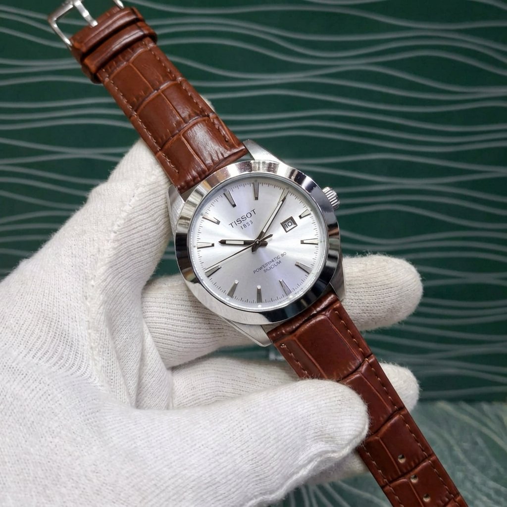 Tissot Powermatic 80 Silicium Men's Watch - Silver White Dial with Brown Leather Strap & Date