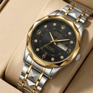 Men's Luxury 2-Tone Stainless Steel Watch | Black Dial | Gold Bezel | Diamond Index