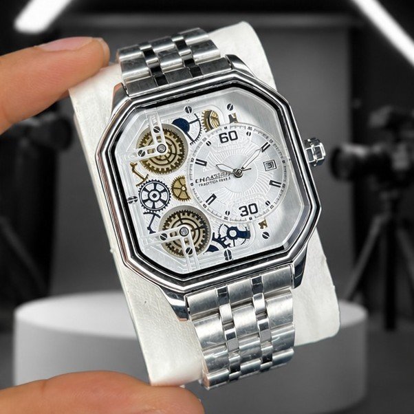 Men's Luxury Octagon Skeleton Watch | Model No :6848 | Polished Silver Dial | Stainless Steel Chain | Open Heart Mechanical Design | Premium Business Wristwatch