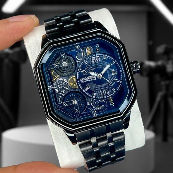 Men's Luxury Matte Black Octagon Skeleton Watch | original Watch | Model No: 6848 | Stainless Steel Chain | Open Heart Mechanical Design | Premium Stealth Wristwatch