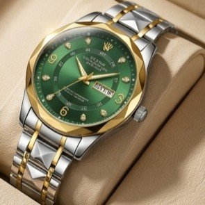 Men's Luxury 2-Tone Stainless Steel Watch | Green Sunburst Dial 