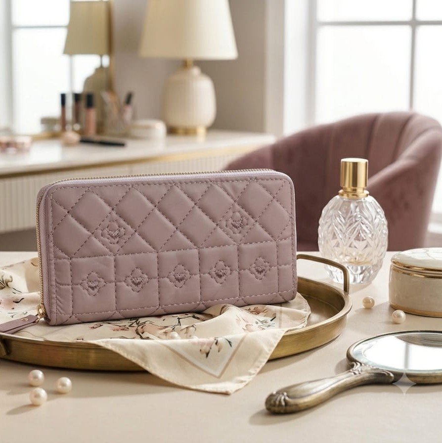 Luxury Dusty Lavender Quilted Zip Around Wallet for Women - PU Leather Long Wallet with Multiple Card Slots
