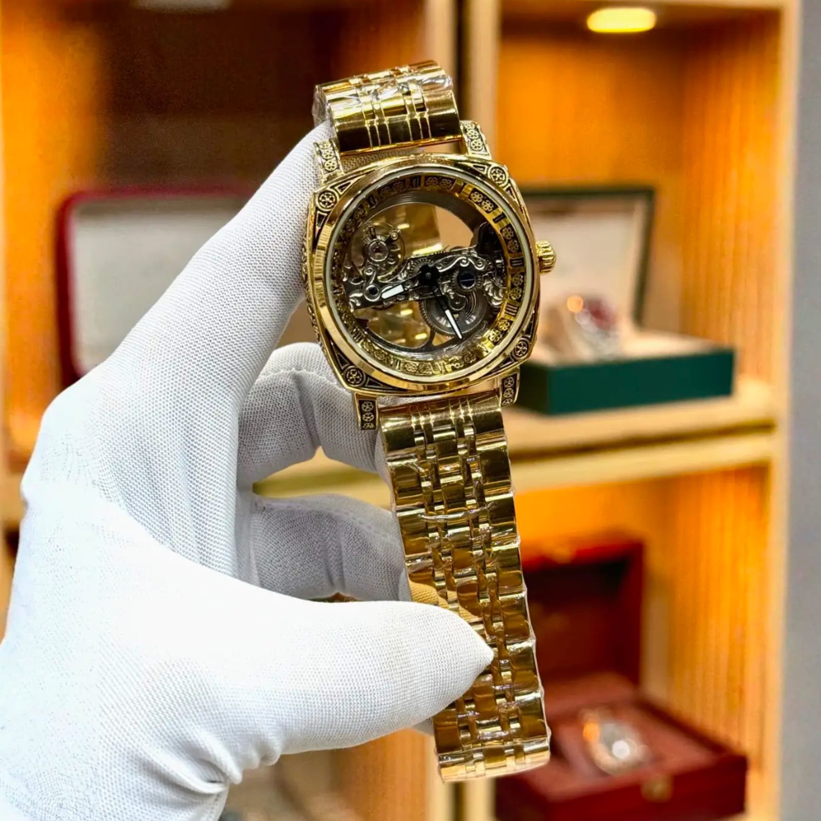 Premium Gold Skeleton Automatic Mechanical Watch | Luxury See-Through Watch for Men | Gold Stainless Steel Bracelet | Original watch Rovite