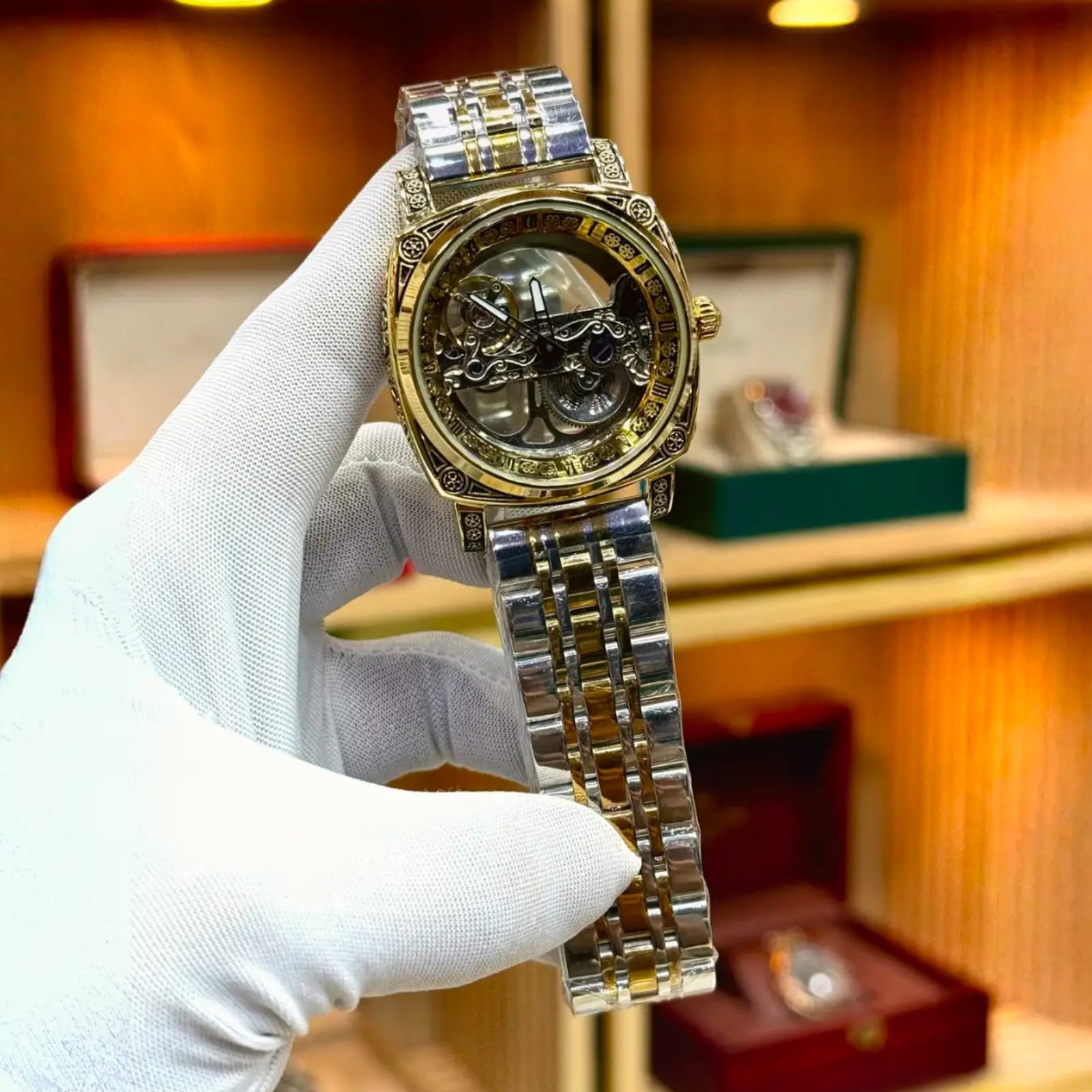 Premium Two-Tone Skeleton Automatic Mechanical Watch | Luxury See-Through Watch for Men | Gold + Silver Stainless Steel Bracelet | Gift Box Available