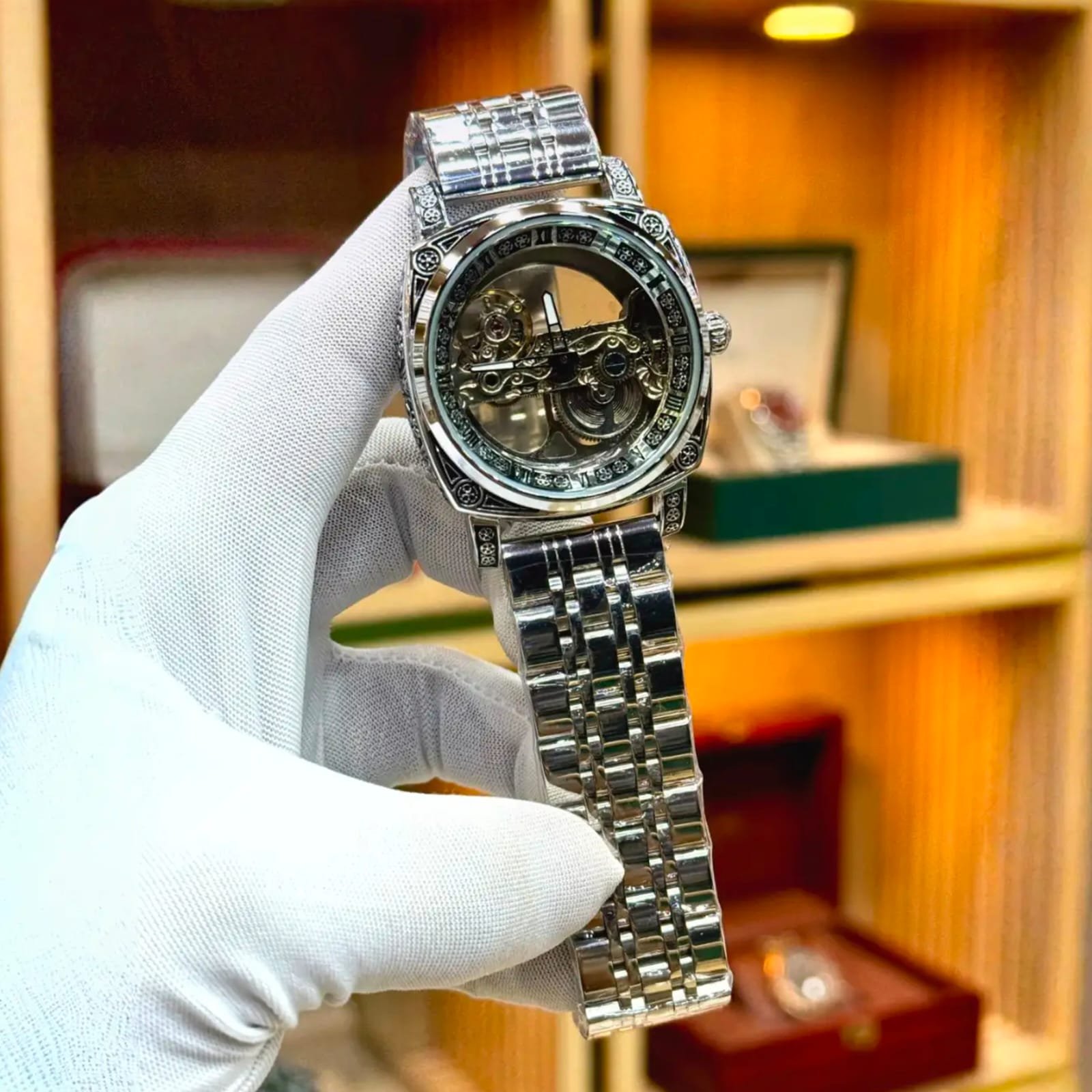 Premium Silver Skeleton Automatic Mechanical Watch | Luxury See-Through Watch for Men | Stainless Steel Bracelet | Original watch Rovite