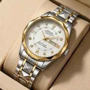 Men's Luxury 2-Tone Stainless Steel Watch | White Dial | Gold Bezel | Diamond Index