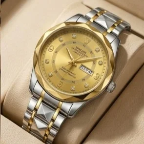 Men's Luxury 2-Tone Stainless Steel Watch | Gold Dial | Diamond Index