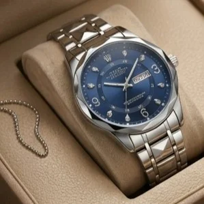 Men's Luxury Stainless Steel Watch | Diamond Index Blue Dial